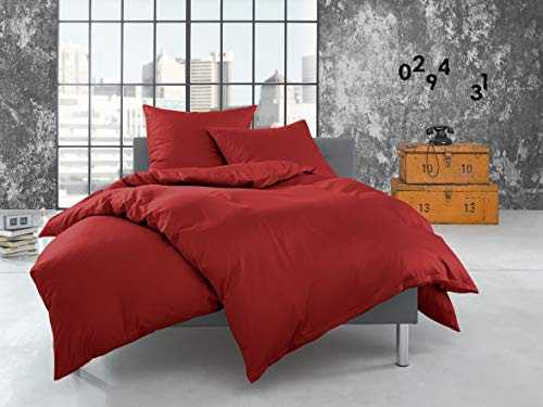 Bettwaesche-mit-Stil warme Fein Flanell Winter Bettwäsche rot Uni/einfarbig 155x200 + 80x80 cm - 100% Baumwolle