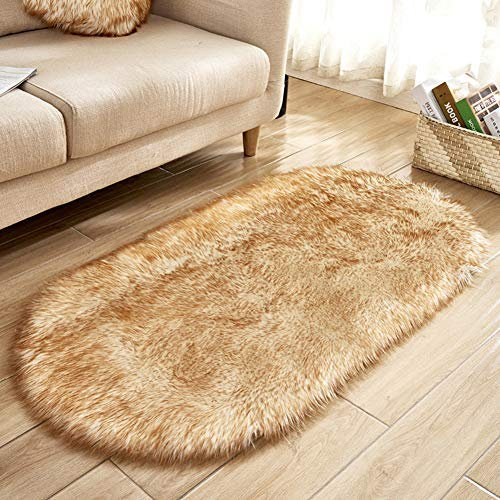 YAOTT Shaggy Lammfellimitat Teppich Oval, Warme Kunstpelz-Haushaltspelz-Teppiche, rutschfeste Langhaarige Fellteppich für Schlafzimmer Wohnzimmer Kinderzimmer Stuhl Sofa Weiß Gelb 60X120CM