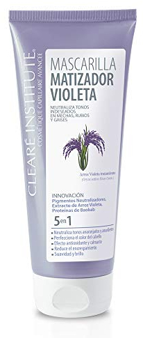 Clearé Institute Mascarilla Matizadora Violeta, Sin Sulfatos, Parabenos o Siliconas, Anti Frizz, Matizante Pelo Blanco, Gris, Canas, Rubio Teñido y Mechas, 96.6% Ingredientes Naturales, 200 ml