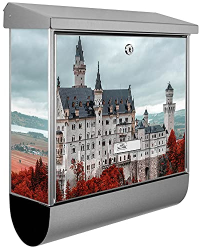 banjado® Burgwächter Briefkasten Edelstahl 38x39x12cm mit Motiv Neuschwanstein/Briefkasten Edelstahl ohne Zeitungsfach/Briefkasten grau/Postkasten inkl. Montagematerial & 2 Schlüsseln