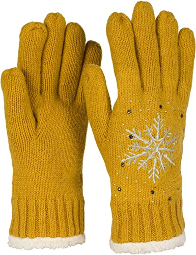 styleBREAKER Damen Strickhandschuhe Schneeflocke | Wärmendes Fleece-Innenfutter gegen Kälte, glitzernde Strasssteine, weiches Bündchen, sehr elastisch für 16-21 cm Handumfang.