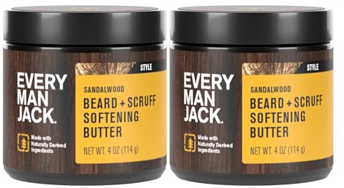 Every Man Jack Beard & Scruff Softening Butter- Subtle Sandalwood Fragrance - Hydrates & Styles Dry, Unruly Beards While Relieving Itch - Made with Shea Butter & Coconut Oil - 4-ounce (2 Pack)