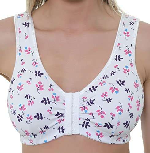 Gemm Womens Stretch Soft Cotton Lycra Non Wired Front Fastening Comfortable Bra, White Floral, 44