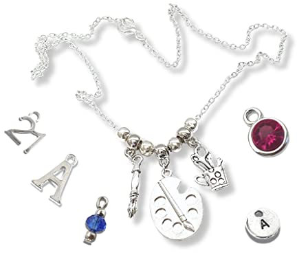Juliet English Artist Necklace, Personalised Painter Pendant, Art Teacher Gift, Paint Palette and Brush