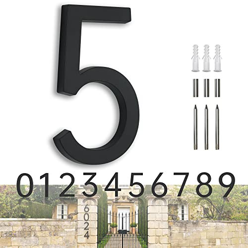 HANPIU Numeri civici per indirizzi civici da 17,8 cm, numeri civici moderni, neri, grandi numeri civici in metallo, numeri civici esterni, numeri per porte galleggianti 5