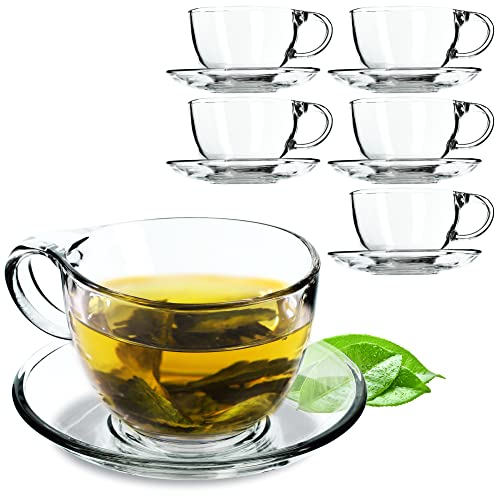 KADAX Set di tazze da caffè, 250 ml, bicchieri da tè con piattini e manici, tazze in vetro per caffè, tè, cappuccino, tazze da tè (Lea, 6 pezzi)