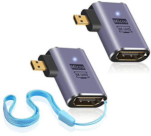 Duttek 90 Degree Micro HDMI to HDMI Adapter 8K, 48Gbps Left Angle HDMI2.1 to Micro HDMI2.1 Adapter with LED Light & Perforated Design - 2 Pack