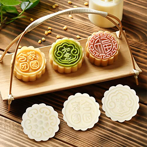 Mooncake Mould Press 50g mit 6 Briefmarken, Glückverheißendes Muster Mondkuchenform Presse Keksstempeln Kuchenpresse Runde Blumen Dekoration Werkzeuge für Backen DIY Cookie,Kuchen,Keksen, Dessert,Weiß
