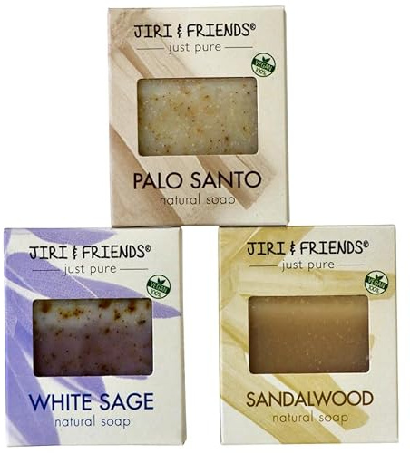 Jiri & Friends 3er-Pack – 100% veganes Naturseifen-Set – Palo Santo, weißer Salbei und Sandelholz – luxuriöses aromatisches Baden – handgefertigt | Feuchtigkeitsspendend | Reinigungsvergnügen