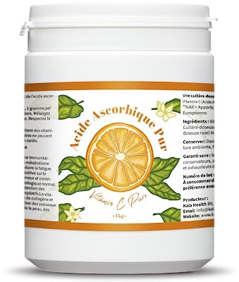 Kala Health - Vitamine C Pure 1 kg - Poudre de vitamine C - Acide ascorbique pur - Fourniture de 1000 jours x 1000 mg dosage élevé - Avec cuillère-doseuse - Végétalien - Qualité premium