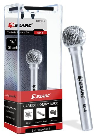 EZARC Tungsten Carbide Rotary Burr Bit, SD-5 Ball Double Cut Carbide Burr 1/4 Shank Die Grinder Cutting Burrs Bit for Metal Working & Sturdy Storage Case