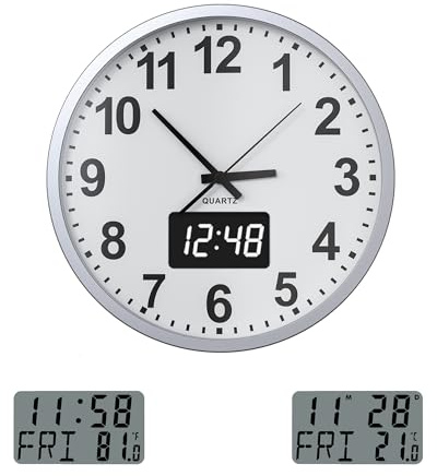 KWANWA tyst väggklocka i metall med temperaturvecka, icke-tickande batteridriven, digital LCD/LED-tidsvisning, modern kvartsväggklocka, för kök kontor 30 cm (silvervit LED)