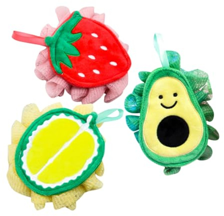 FRCOLOR 3stücke Badekugeln in Fruchtform Weiche Sanfte Peeling-badeschwämme Für Junge Mädchen Cartoon Design Mit Erdbeere Avocado Durian Tiefenreinigende Praktische Badehelfer Für Mehr Bad