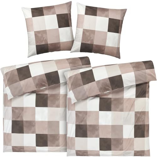 Pure Label Karierte Bettwäsche 4teilig 135x200 cm mit einem 2er Set Kissenbezüge 80x80 cm - Traumhaft weiches Bettwäsche-Sets 135 x 200 cm in braun aus 100% Baumwolle mit YKK Reißverschluss