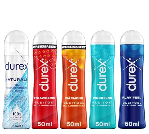 Durex Play Gleitgel Ausprobierpaket | Naturals Feuchtigkeitsspendend & Wärmend & Strawberry & Prickelnd & Play Feel(5 x 50ml)
