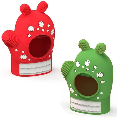 Christmas Baby Teething Mitten Toys 2 Pack, Silicone Snowflake Teethers for Newborns, Infants & Toddlers, Easy-Grip Hand Teething Gloves for Relief, Perfect Baby’s First Christmas Stocking Stuffers
