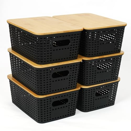 UHAPEER Aufbewahrungsbox mit BambusDeckel,Aufbewahrungsbehälter Kunststoffkörbe mit Griff für Regale, Schubladen, Schreibtisch (Schwarz)