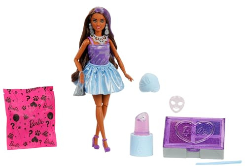 Barbie Party Unboxed Puppe und Accessoires, Glam Party Serie mit 10 Überraschungen, darunter eine Violette glitzernde Puppe mit Farbwechseleffekt, JFY66