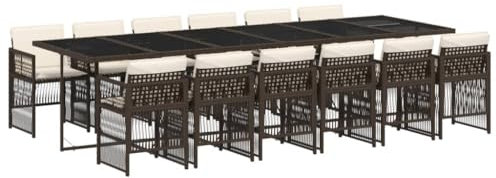 vidaXL Garten Essgruppe 13-TLG., Gartenmöbel Set Tisch mit Glasplatte 12 Stühle, Gartengarnitur mit Kissen, Sitzgruppe Terrasse, Braun Poly Rattan