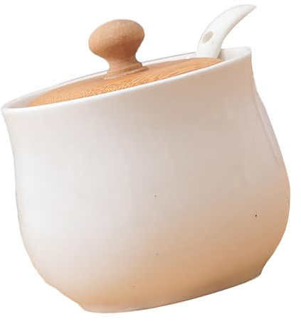 Generisch Azucarero de porcelana con tapa y cuchara, altura 8 * 8.5cm, porcelana blanca y traje de madera de bambú para café