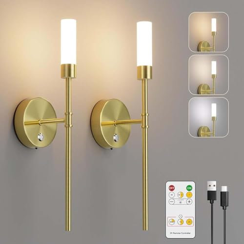 2 Pezzi LED Ricaricabile Parete Luce Oro Interno, Lampada da Parete Ricaricabile Senza Fili Dimmerabile a sfioramento con Telecomando Lampada da Parete Senza Collegamento alla Rete elettrica