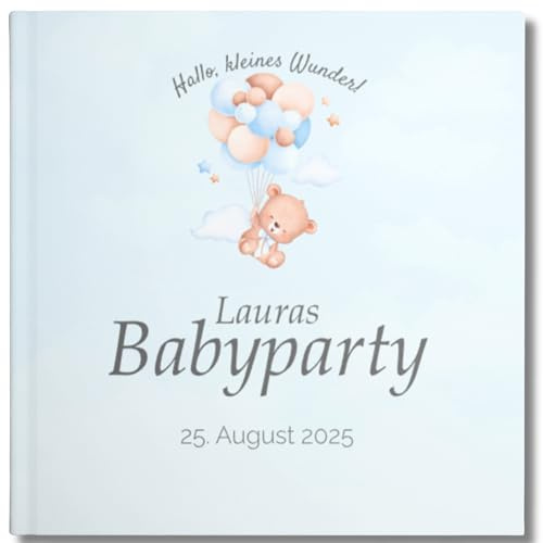 YMEMOS Babyparty Gästebuch zum Ausfüllen – Erinnerungsbuch personalisiert für Mädchen, Junge & neutral – Fotobuch zur Baby Shower Gender Reveal (40 Seiten blau)
