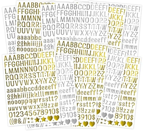 12 Blätter 0,5 Zoll kleiner Buchstabe Alphabet Aufkleber klebrige Zahl Symbol Gold Silber selbstklebendes wasserdichtes Vinyl für Scrapbooking Journaling Karte machen Collaging Planer (Leo)