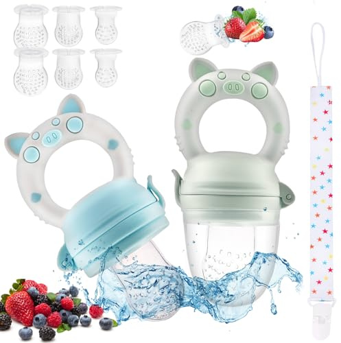 Baby Fruit Feeder Pacifier Dummy, 2 Pack Silicone Teething Toy & Self-Feeder for Infants 6M+, BPA Free, Easy Clean, Weaning Dummies Set Food Pouch for Soothing Gums