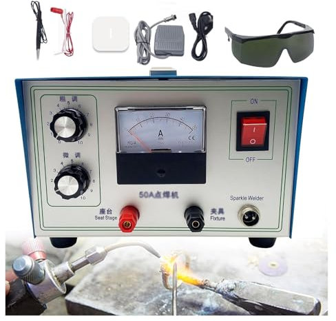 300w 50a saldatrice a punto con scintillatore di impulsi, saldatrice a punto di gioielli, saldatrice a punto di impulsi (1* vetri e pedale, saldatrice elettrica portatile a punto di saldatura a Laser