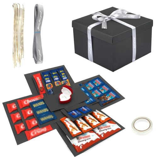 Überraschung Box, Uberraschungsbox 5-lagige Kreative Explosionsbox Geburtstag, Handgemachte DIY Geschenkbox Schwarz Mit Klebeband & Band, Geschenkbox für Geburtstag, Jubiläum, Valentinstag,Weihnachten