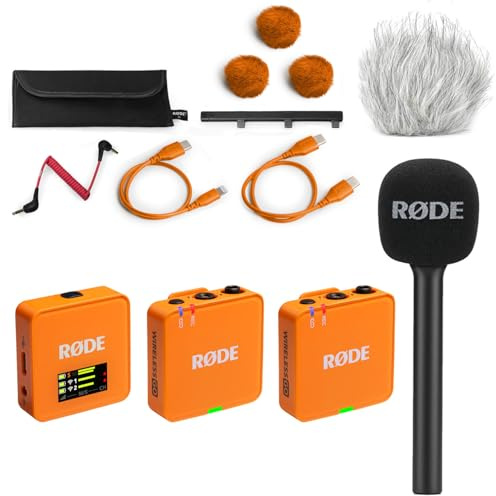Rode Wireless GO Gen 3 Drahtloses 2-Kanal Mikrofon-Funksystem Orange mit Interview GO Handadapter und keepdrum Fell-Windschutz
