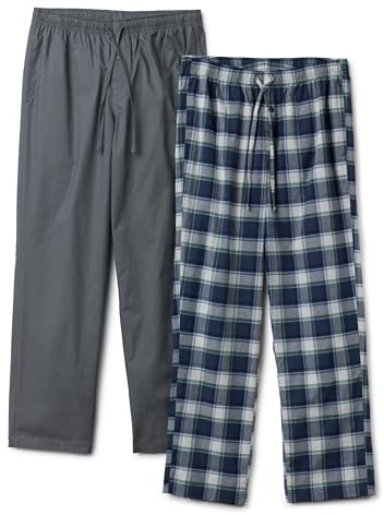Amazon Essentials Men's Full Length Relaxed Fit Lounge Sleepwear Pajama Bottom Pants, Cotton Stretch Poplin, Pack of 2, Charcoal/Country Plaid, Large