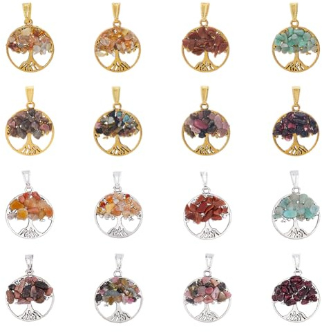 SUPERFINDINGS 32 ciondoli a forma di albero della vita, 16 stili, con pietre naturali miste, cristallo di quarzo, chakra, piatti, rotondi, per la creazione di gioielli, confezione regalo