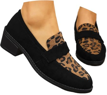Mocasines de piel de ante para mujer, mocasines retro con estampado de leopardo, sin cordones, de ajuste ancho, mocasines de vestir para caminar y negocios, Black, 0 UK
