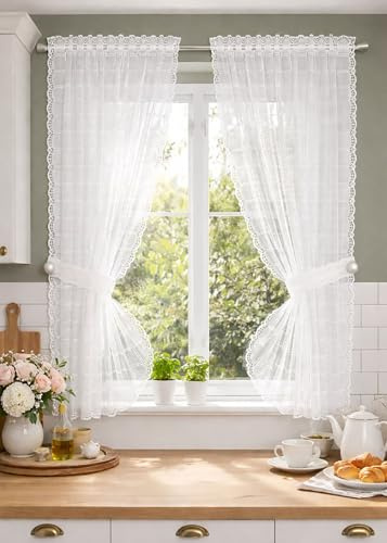 KAMACA 4 teiliges Jacquard Gardinenset in Weiss Küchengardine im Landhaus Stil inkl. 2 Gardinenschals und 2 Raffbänder Küchengardine Raffgardine mit Gardinenband (Gardinenset Viktoria 120x145 cm)