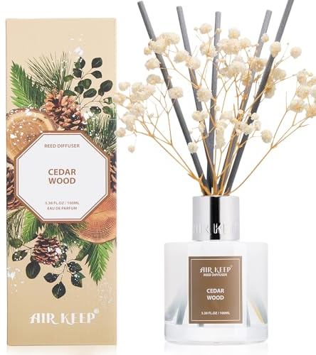 Airkeep Raumduft Cedar Wood – Reed Diffuser mit 8 Duftstäbchen, langanhaltender Lufterfrischer für Badezimmer, Schlafzimmer & Wohnzimmer, stilvolle Heimdekoration, 100m