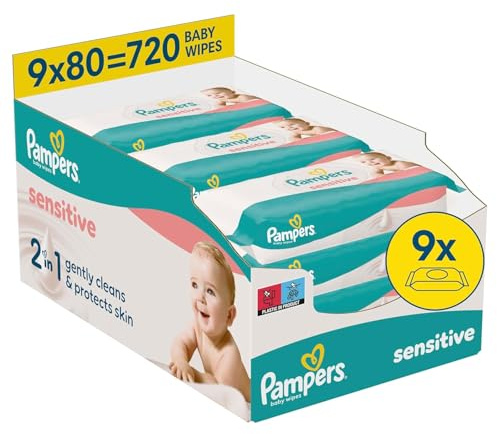 Pampers Sensitive Baby-Feuchttücher, 9x80 (720 Stück) | 2-in-1 sanfte Reinigung & Hautschutz