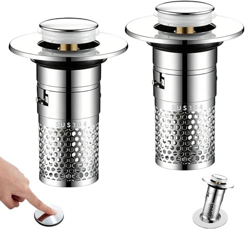 2 Stück Waschbeckenstöpsel mit Sieb, Pop-Up Abflussstopfen mit Haarsieb, Universelles Abflusssieb aus Edelstahl, Abflussstopfen Waschbecken für 30-40mm Abflusslöcher
