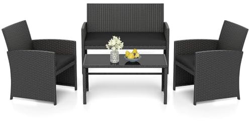 GIANTEX Conjunto de Muebles Ratán para Jardín, 4 Piezas, Sofá de 2 Plazas, 2 Sillones, Mesa de Centro con Tablero de Vidrio, para 4 Personas, Mesa y Sillas para Terraza, Patio (Negro)