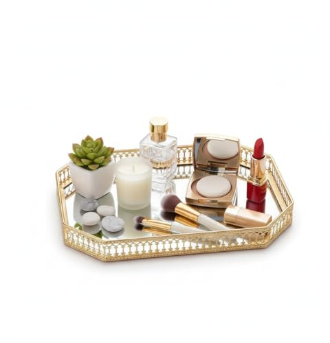 Gold Mirror Tray Metal Vanity Organiser, 28.5 x 20 cm | Decorative Display, For Makeup, Candles, Jewellery