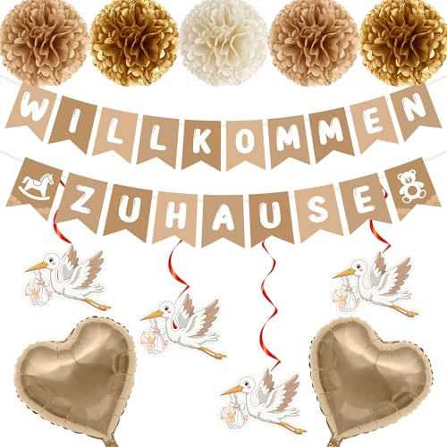 Willkommen Zuhause Baby Dekoration, Storch Willkommensparty Deko für Draussen und Innen – mit Banner, Storch Hängedeko, Herz Folienballons und Papierblumen