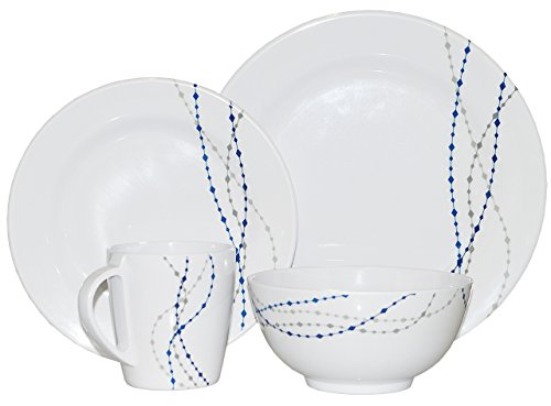 HEKERS 100% Melamin Geschirr Line Weiß/Blau - Set 4-Teilig 1 Personen Outdoor Picknick Camping Spülmaschinenfest