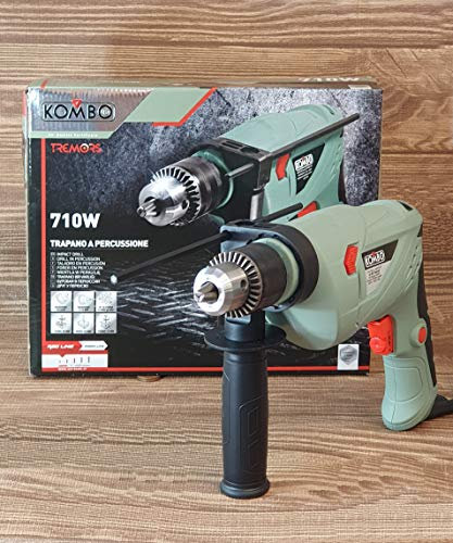 KOMBO – Trapano Elettrico a Percussione 710W, Mandrino 13 mm, Regolazione Elettronica 0–3000 giri/min, Impugnatura Laterale e Tasto Lock – Per Forature su Legno Ø25 mm, Ferro Ø15 mm, Muro Ø15 mm