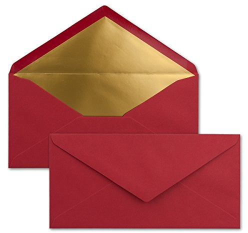 15 Brief-Umschläge DIN Lang - Dunkel-Rot mit Gold-Metallic Innen-Futter - 110 x 220 mm - Nassklebung - festliche Kuverts für Weihnachten