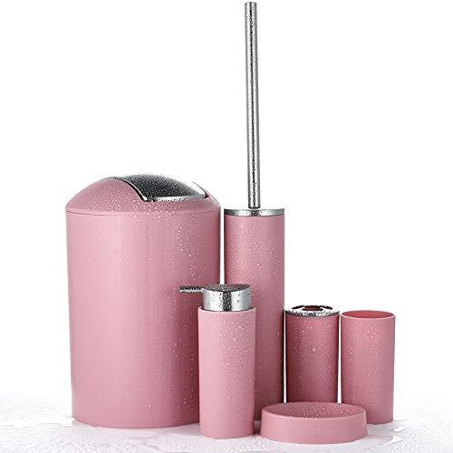 JOTOM 6tlg Badset Badezimmer Zubehör Set Lotionsflaschen Zahnbürstenhalter Zahnbecher Seifenschale Toilettenbürste Mülleimer (Rosa)