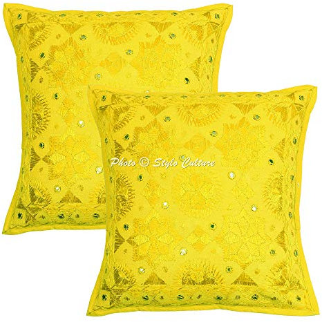 Stylo Culture Ethnicas Fundas Cojines Decorativa 40x40 cm Algodón Espejado Funda Almohadon Sofa Amarillo 16x16 Inch Bordado Cuadrado sobre Fundas De Almohadones para Cama - 2 Pcs