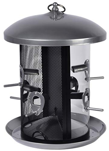 dobar® XXL Futtersäule Ganzjahresfütterung hängend - Vogelfutterspender mit Dual-Silo - Futterstation aus Metall zum Hängen - Vogelfuttersäule Sämereien/Nüsse - 20 x 20 x 32 cm - Grau