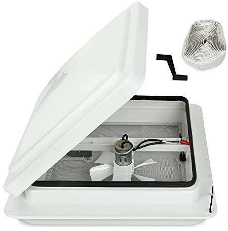 14 RV Roof Vent for Camper Trailer Universal White Lid Roof Vent with 12V RV Vent Fan 6 Blades White lid Inner for Garnish Ring