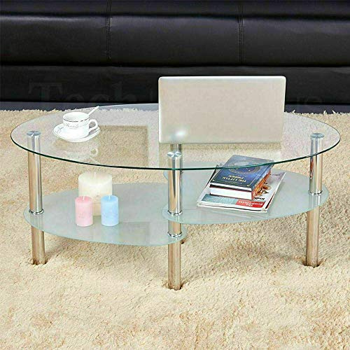 Couchtisch aus Hartglas, einfach und elegant, Couchtisch für Wohnzimmer mit Metallbeinen, oval, mit 2 Einlegeböden, 90 x 50 x 43 cm (Oberseite transparent – Unterseite weiß)
