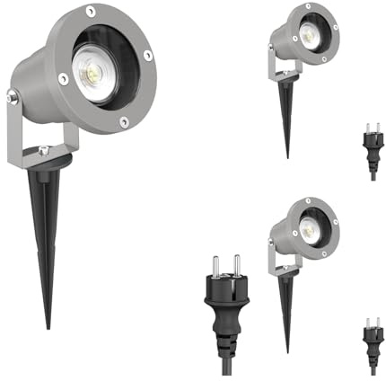 ledscom.de 3 Stück Gartenstrahler DUK mit Erdspieß für außen, IP65, Stecker, grau, inkl. GU10 LED 510lm warmweiß